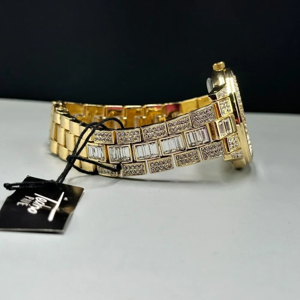 Techno Pave Watch Men Gold Tone Bling Iced Out Crystal Accents New Battery 9